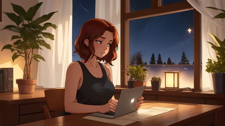 "A cozy indoor evening scene featuring A woman short auburn hair with big breasts, sitting at a wooden desk. She is wearing a black tank top and typing on a sleek laptop with a glowing logo, illuminated by the warm light of a desk lamp. The workspace inclu...