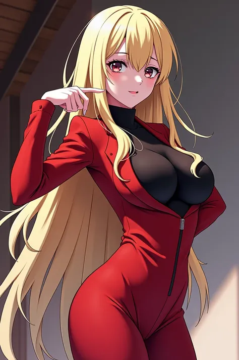 Woman with long blond hair and big breasts wearing a red suit anime version