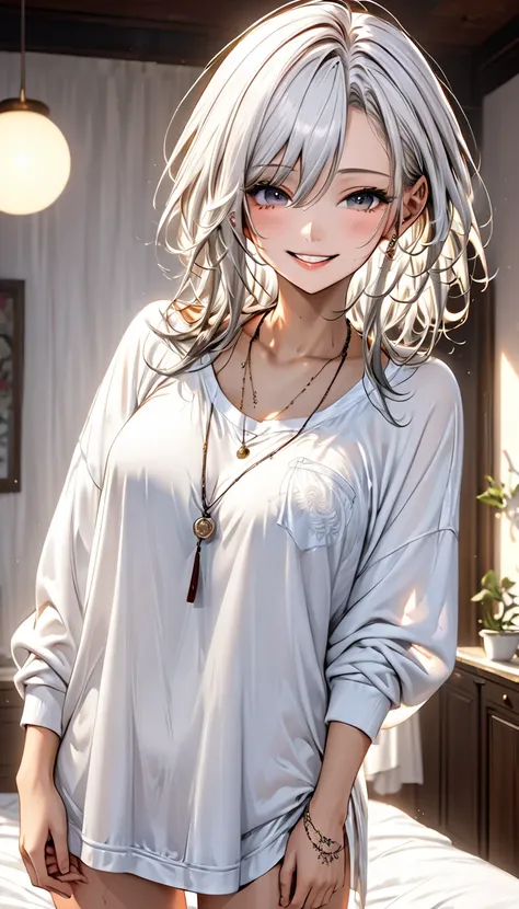  cute woman, A lustful and lascivious face,  big cute smile ,  messy hair standing in the way, Large percentage, Im wearing a loose white shirt and casual loungewear,  Necklaces , ( super detailed, Exquisite Resolution ,  top quality:1.3), 2.5D,   Delicate...