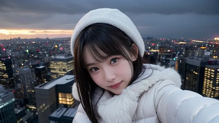 winter, observation deck on skycraper of Tokyo, at dusk, sunset, look down gorgeous cityscape, dressed in fluffy warm winter fashion, neat fashion, clean appearance, tilt head forward, fidgeting, expression of heart is pounding with tension, blushing, flir...