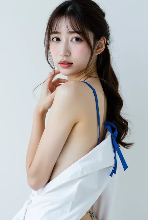 A photorealistic youn asian girl  and dark eyes stands against a pristine backdrop. Her left shoulder is draped over her body,, while a blue ribbon rests on her right shoulder. Her upper body is draped at her sides. Her chest is arched, with a white shirt ...