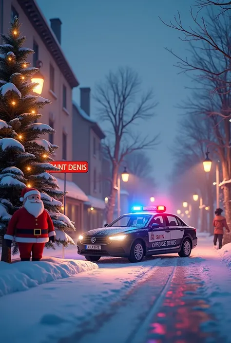 Un décor enneigé avec des illuminations et une voiture de police, avec un panneau « SAINT DENIS», un sapin de noel et un pere noel 
