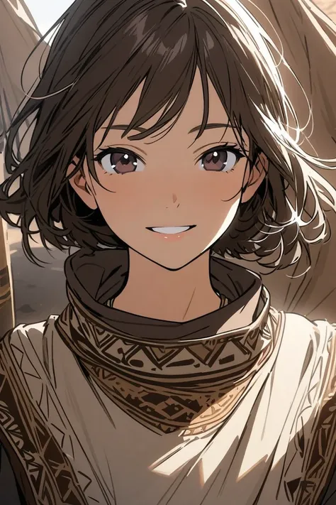 (( top quality)), ((masterpiece)), ( Details),  female in her 20s, human, Brown short hair,  dark eyes, nomad,  smiles