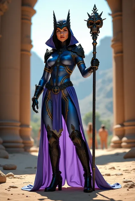 Sexy, Pretty, Female (Evil-Lyn) Cosplay from Masters of the Universe, Round, Feminine, Strong Figure, Muscular, Blue and Purple Bodysuit, Knee high Boots, Black Skull Cap/Head Dress, outside The Entrance to Eternia, holding a Staff, Sunny Day, Photorealist...