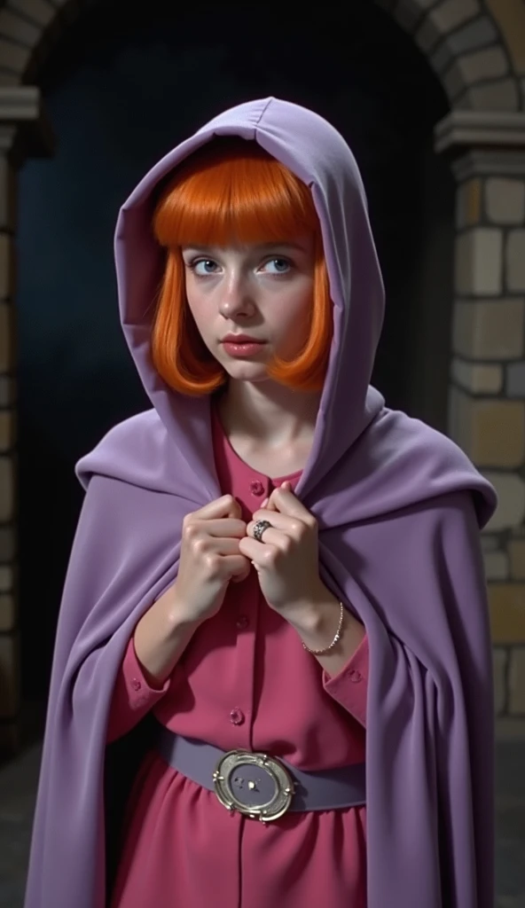 DVD screengrab, from a 1950s super panavision 70 movie. Retro in Color. featuring Sheila the Thief. Sheila the Thief is a girl wearing pink attire, with a lilac hooded cloak that has a glowing aura, and orange channel-cut hair, holding her lilac hood, and ...