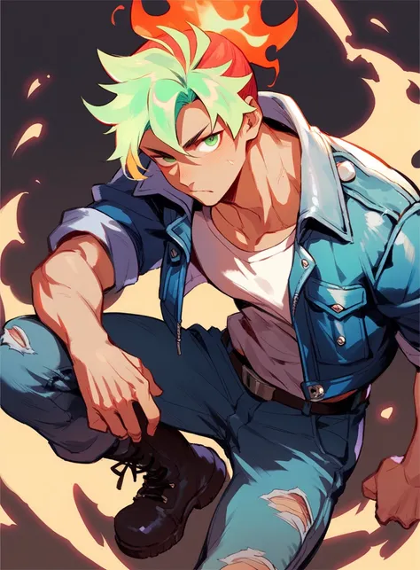 A muscular man with fiery red hair in a ponytail, dressed in a ripped denim jacket, dark green eyes, and combat boots.