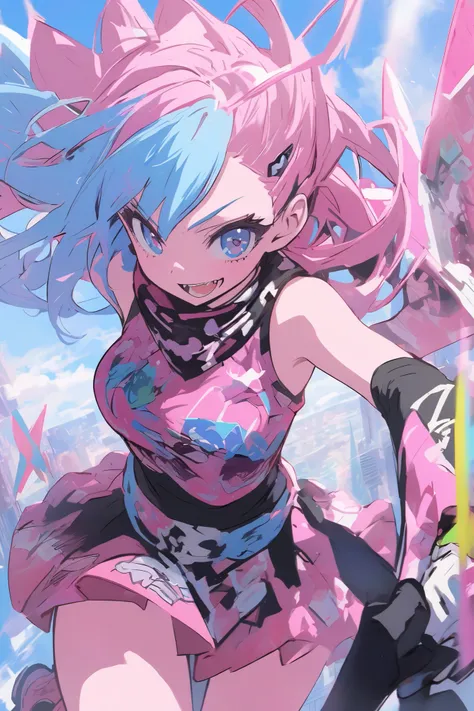 pink and black gangstar anime girl with pink and blue hair, high boots, plataform, long jacket