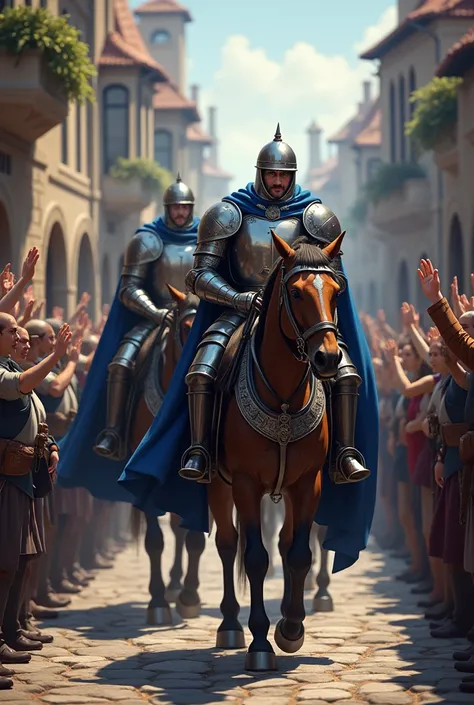 Medieval era guards wearing blue capes and iron armor, riding through the city streets while the townspeople salute, salute the guards out of respect for the guards.