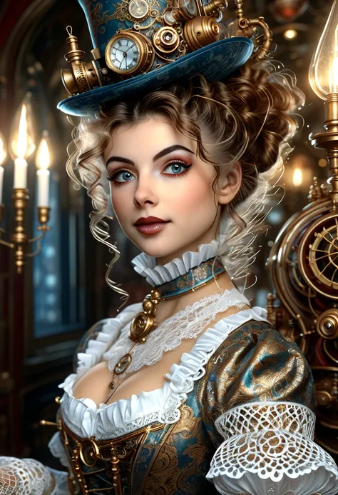 Steampunk victorian Christmas. Ultra HD, Rococo-Inspired Fantasy Art With Intricate Details. Cute, Charming Expression, Alluring-Gaze, looking at viewer Beautiful Eyes, , photorealistic, photography, path tracing, specular lighting, volumetric face light, ...