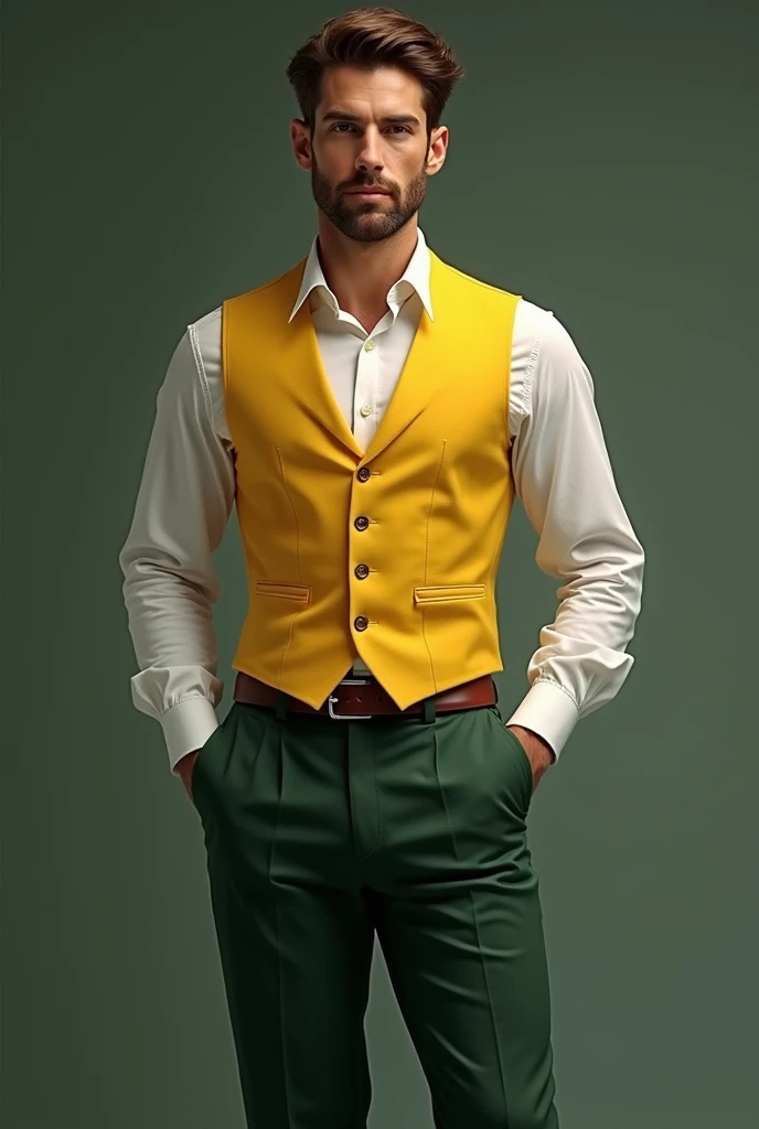  dark green pants ,  formal white shirt and yellow vest,  full body, Man with belt and without tie