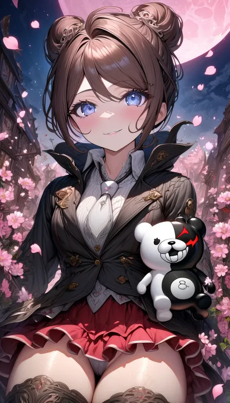 Ultra detailed, highres, absurdres, HDR, master piece, asahina aoi, expressive light blue eyes, Danganronpa, black cardigan, white long necktie, red skirt, holding a plushie of Monokuma, pink flowers, petals, fireflies, pink moon, sexy woman sitting, solo,...