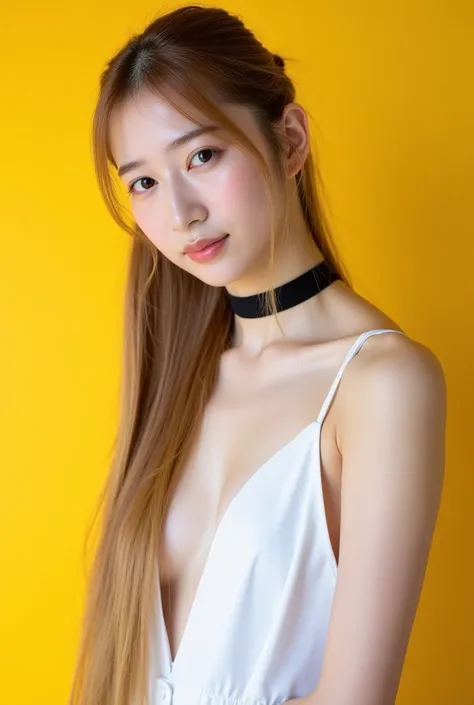 an beautiful young asian woman long blonde, straight hair, is set in half. She is dressed in a white sleeveless dress that only reaches her elbows, her arms are open at her elbows in the back. Her head is positioned above her knees. Her blue eyes are peeki...