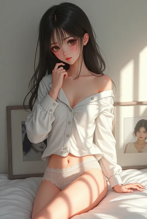  masterpiece fails,  great quality, ultra detail, illustration, game cg,  1girl, One, (FGOErice), blush,  white shirt with buttons, behind, framed photo, (glory wall pose :1.3),  lace panties,