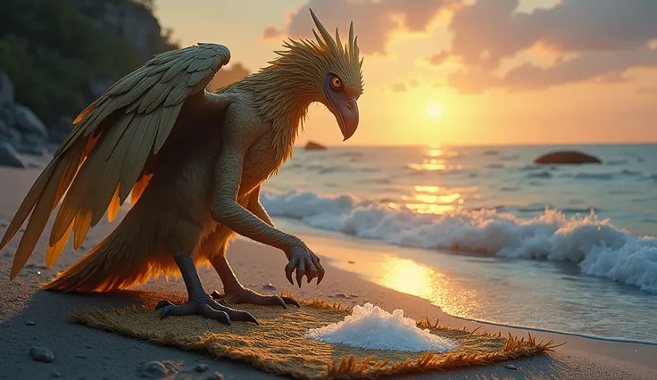 "A surreal and imaginative scene set near the beach of a vast, shimmering sea under a twilight sky. Garuda, the mythical bird with majestic golden wings and a powerful presence, is depicted crouched near the shoreline, engrossed in the unexpected task of m...