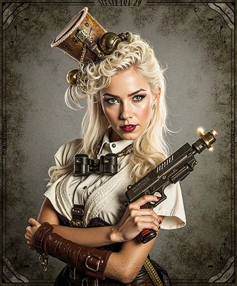  detailed super realistic photography, blond woman with steampunky hair holding a gun, steampunk girl, wearing steampunk attire, steampunk style, steampunk inventor girl, a steampunk beautiful goddess, steampunk, steam punk  style, steam punk , steampunk p...