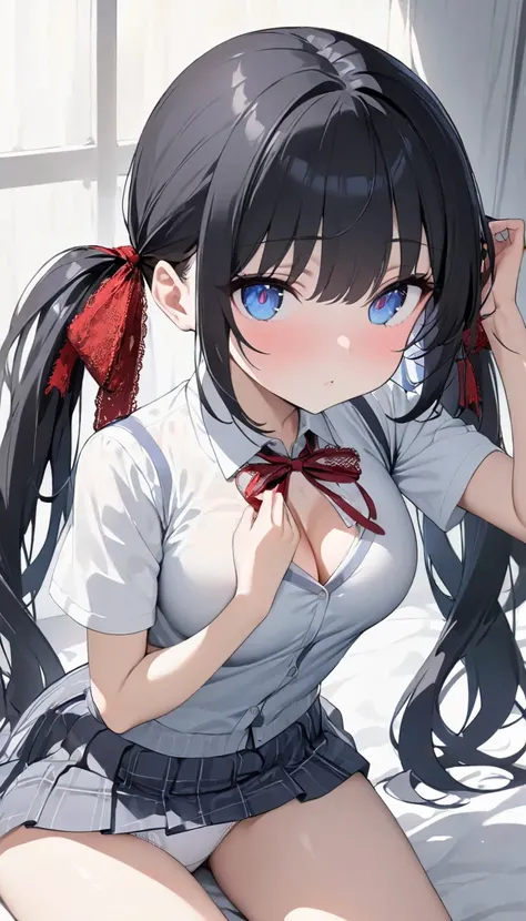 school uniform, Cardigan、( slim、1 person,  cute young woman, , pose using medium bust ,  black hair、 Twin Tail Hair、Azure Eyes、 tie your hair with a large red lace ribbon),delicate beautiful eyes , has his legs open , high definition , masterpiece, picture...