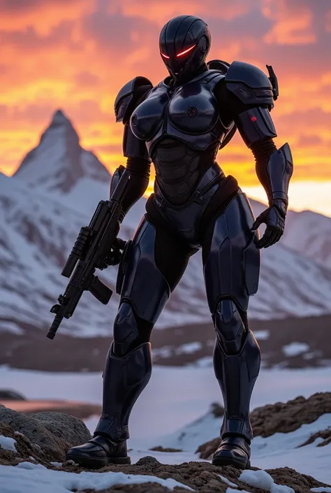 Femal. large breast. Black X-01 power armor (Fallout). Advance helmet. Glowing red lights. Holding a laser rifle. Tundra mountains. Sunset. 