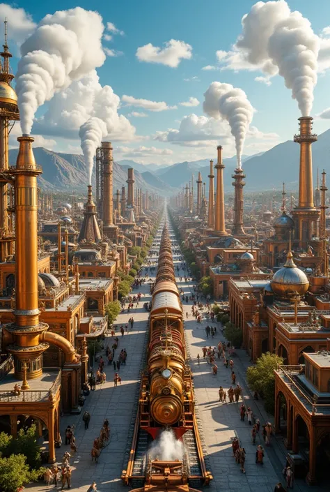  make a complex city huge village in the color of gold and polished copper shiny and reflective complex steampunk style with houses and townhouses and long and wide steam pipes passing through every city and gigantic industrial machines with wide metal pip...