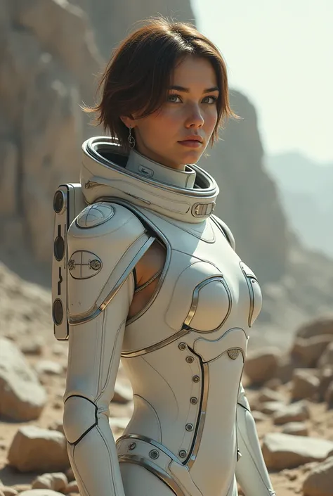 Mira, 28, in her white spacesuit with silver accents, stares in disbelief at the scattered fragments of humanitys lost past. Her short brown hair shimmers in the soft light as she examines relics scattered across the alien landscape—broken remnants of tech...