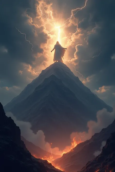 God on Mount Sinai with dark clouds on the mountain peak with lightning and fire 