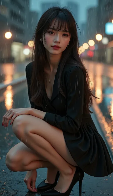 ( original photo, 最 High Quality ), (realistic,  realistic : 1.2), (round face: 1), 1 female, Outdoor Full Body Closeup Selfie , ( highly detailed skin : 1.2), (puffy eyes), (lying silkworm), Smile, clavicle, water,  Straight Brown Black Hair,  Pure Black ...