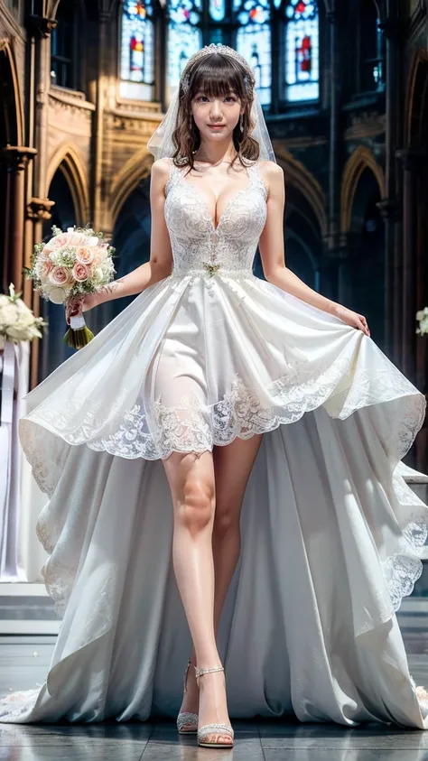 A beautiful young Japanese woman, 26 years old, with healthy thighs, beautiful legs, flawless skin, random hair color and style, large breasts, wearing a (wedding dress:1.3), (she is standing:1.2), full body shot, high heels, holding a bouquet in her hands...