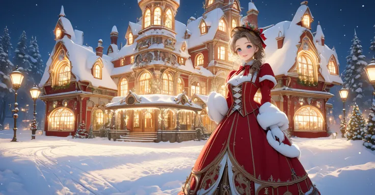 Steampunk victorian Christmas princess. Snowy village. lights, trees. Ultra HD, Rococo-Inspired Fantasy Art With Intricate Details. Cute, Charming Expression, Alluring-Gaze, looking at viewer Beautiful Eyes, , photorealistic, photography, path tracing, spe...