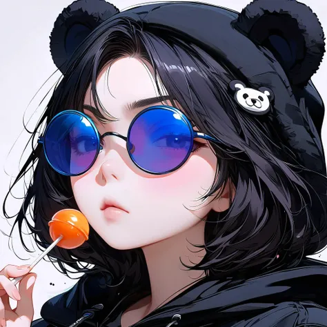 (masterpiece, best quality:1.2), 1 girl, unique, side-view, face focus, meme sunglasses, bear beanie, lollipop, shooting gun, frown