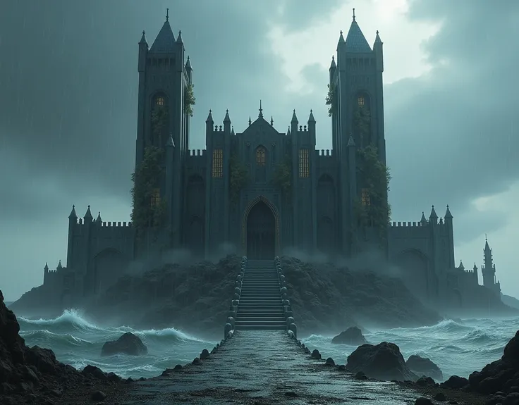  Large black castle ,  image seen from afar ,  Castle located on an island ,  Arab architecture mixed with medieval architecture , storm, heavy rain,  on one side of the island must have shipwrecks ,  two large towers one messianic and or water with a larg...