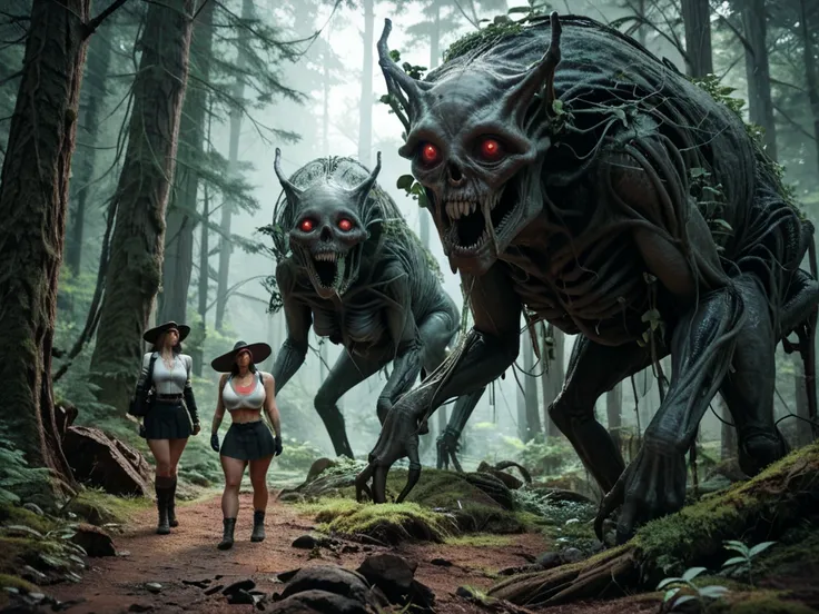 Remove the two girl ren and replace with 25yr old sexy WOMEN with micro mini skirts and short tied-tops on a hiking trip. A LARGE sinister forest creature/alien creatures, and two beautiful alluringly seductive but sneaky 30 YR OLD busty G-Cup voluptuous s...