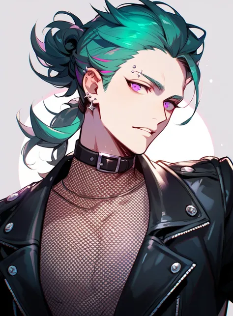 A green-haired man with long, tied-up hair, streaked with black, wearing a mesh shirt under a black leather jacket, purple eyes glowing softly, and a silver eyebrow piercing that catches the light.