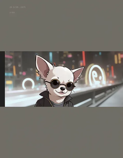 Create a City Pop-inspired avatar featuring a cute Chihuahua as the main character. The dog should be depicted in a stylized, retro, and vibrant aesthetic with neon lighting, set against a glowing cityscape at night. The Chihuahua should have a cool, confi...