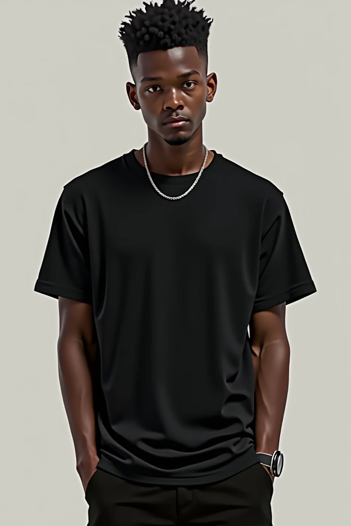 A teenager boy who has dark skin and tapper fade hair cut wearing black t-shirt and back pants 