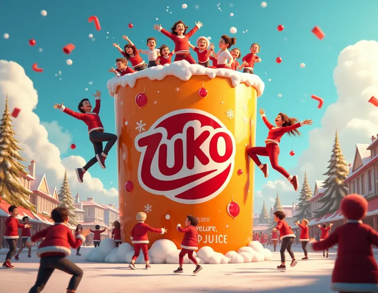 an image of a giant zuko juice container and people jumping into the container with a fun and holiday atmosphere