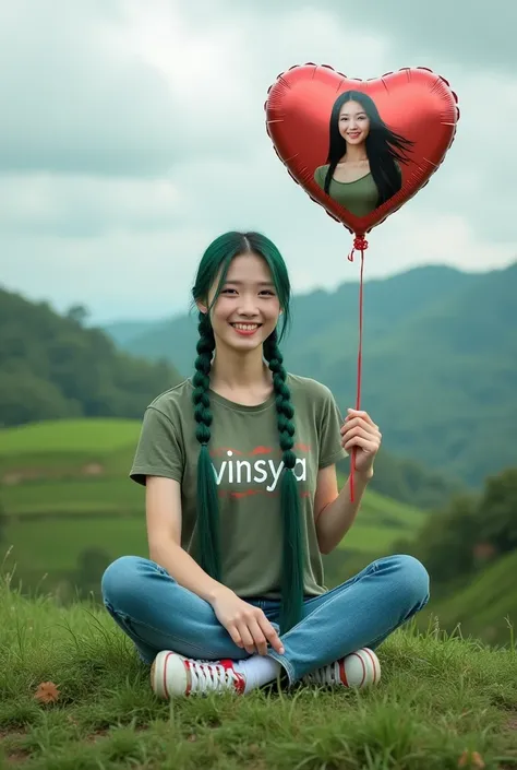  A beautiful  Korean woman, big nose, her hair in green elongated plaits, wears a printed t-shirt  "Vinsya ",  wears long jeans and sneackers , sitting cross-legged smiling on a green hill ,  her hand holds 1 heart balloon with a picture of a beautiful wom...