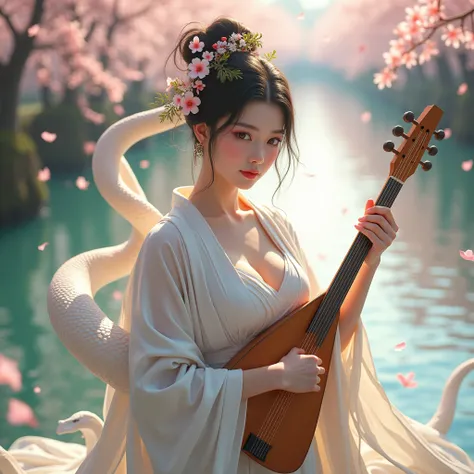   theme: Benzaiten , (goddess)  white skin, biwa,   big white snake ,   beautiful eyes .  She likes wearing a flying cape。,  cherry blossom petals fluttering against a lake background , Big Breasts, (( very accurate and detailed )) (( high definition )