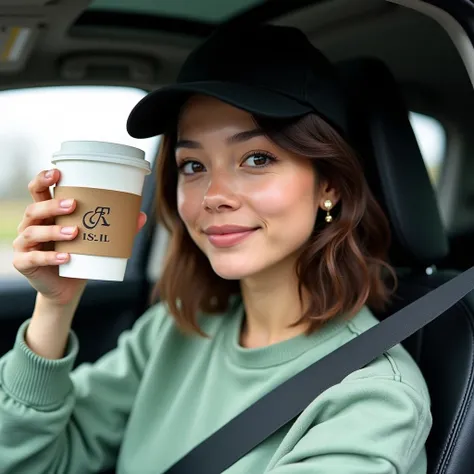 beautiful woman about, you can see slight wrinkles on the body and face natural dark brown hair perfect female body, perfect female body, big breasts  She is sitting in the drivers seat of a car, holding a cup of coffee in her hand, held to her face, she h...