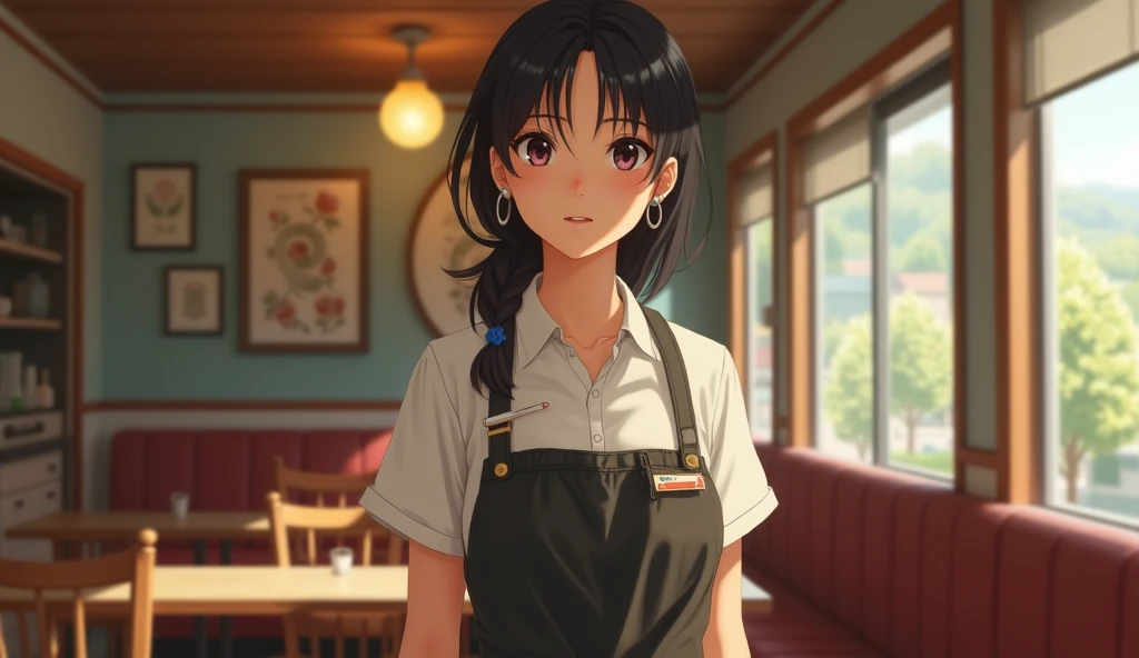 A young, humble waitress with a determined and sincere expression.

