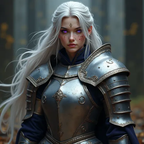 A beautiful woman,  Bright purple eyes , long greyish white hair ,  with some scars on the face ,  medieval plate armor without breasts, shiny medium dark silver 