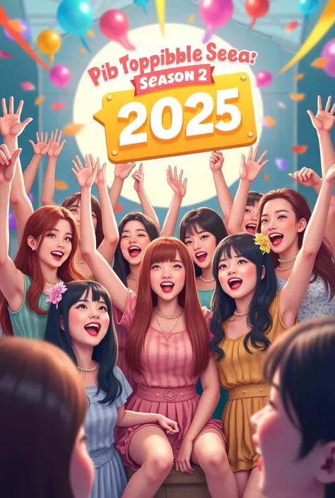 Korean girls  celebrating PIB TopPibble Season 2! with cheers for a successful 2025. Featuring a festive and hopeful atmosphere, filled with energy and excitement, symbolizing growth and success for PIB in 2025. Emphasize 1K
Followers ! in the scene