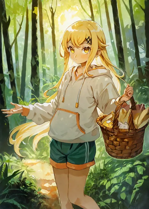 ,by fuenze ,, par yogisya 1girl, Gouache, sunrise , forest,  long hair,  hoodie, shorts, baskets, yellow eyes, tsurimé ,regarde un elfe au cheveux blancs et au yeux verts combattre un  tigre blanc., illustration,  disheveled hair, detailed eyes, compositio...