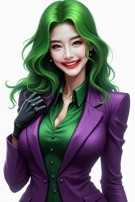 A digital painting of a female version of the Joker from DC Comics. She has a mischievous grin, pale white skin, and bright green, wavy hair falling past her shoulders. Her makeup includes smeared red lipstick in a chaotic smile, dark eyeshadow, and sharp ...