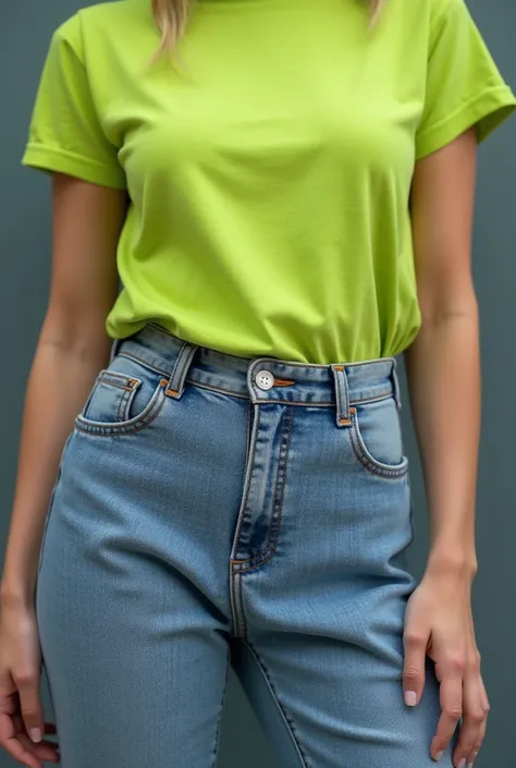 (Best quality, 32k, Raw photo, UHD), Realistic rendering, (Medium shot), (Woman from the back wearing a lime green t-shirt and baggy jeans, close-up without showing face), Conceptual pose, Commercial photo, Focus more on the pants, Detailed skin texture, S...