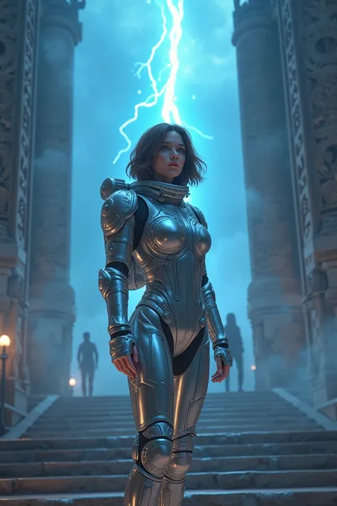 Sarah, mid-20s, Short brown hair wearing a reflective space suit stands on a temple’s stone steps. , its delicate embroidery shimmering faintly in the otherworldly glow. The ancient temple towers behind her, while the sky bursts with electric blue energy. ...