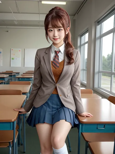 anime, 2D, (  masterpiece ,  best quality )+, colorful, ( highly detailed )+, (very delicate, beautiful)+,  character design , female focus, Alone, 1 , Monica (doki doki literature club)1.2, short bangs, brown coral hair,  green eyes,  long hair,  ponytail...