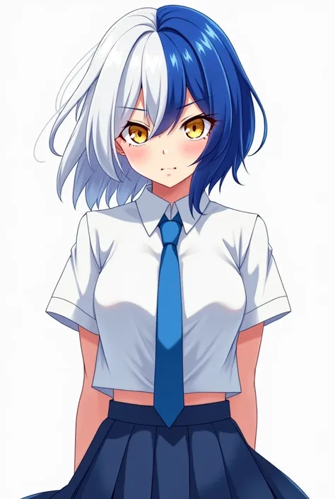 Create an anime photo of a woman about , golden eyes, long hair, white left half, blue right half, wearing school uniform, white short shirt, blue tie, blue skirt, arrogant face, looking forward.