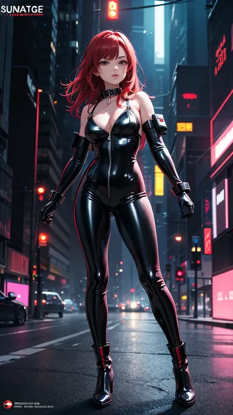 Alone, super fine photo ,  Unreal Engine 5 8K UHD portrait of a beautiful girl wearing a tight black latex suit and details of blue neon lights, elegant black jumpsuit ,  iconic black character ,  shiny latex suit , rubber suit, rubber belts, collar, rubbe...