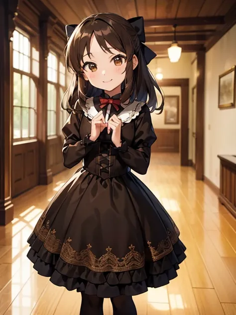 masterpiece,  top quality, Arisu Tachibana, Alone, ( small),  brown eyes, brown hair , HALF UP, hair bow,
 smile,  standing, gothic lolita, indoor,