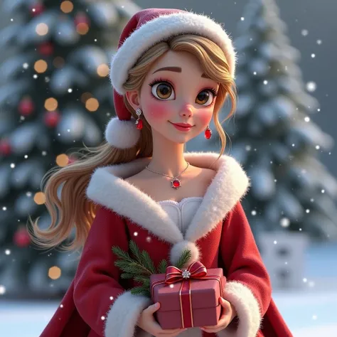 A Charming Princess Wearing Winter Clothes, Red Diamond Earrings And Nackless And Breslate, The Princess Holding Christmas Gift In His Hand, Background Features Is Outdoor Snowfall. Christmas Tree fully Decorated, Fully Deteling Face, Parfect Body, Pink Li...