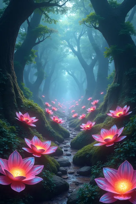 In the middle of the jungle, a carpet of magical flowers formed